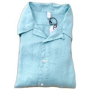 $240 04651/ A Trip in a Bag Men's M NWT Blue Linen Short Sleeve Turquoise Shirt